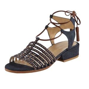 Stuart Weitzman Skippity Antique Denim Strappy Tassel Wrap Sandals 7.5